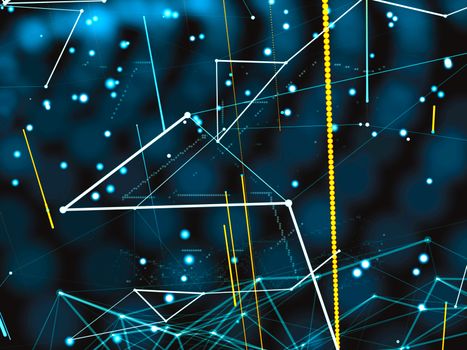 An array of points in the form of a world map are connected to the network. Social networks, payments, the Internet presented in an abstract digital form. 3d illustration