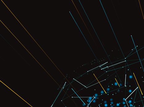 The concept of a modern digital world connected by Internet communications, payments, social networks. The world map and lines connect to the network. 3d illustration