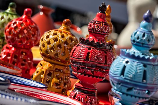 Typical colorful oriental ceramics in a market