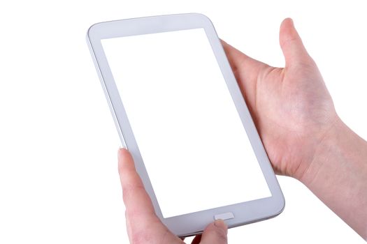 Tablet in women hands isolated on a white backgrounds