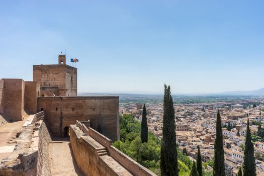 Aerial view of the city of Granada, Albaycin , viewed from the Alhambra palace in Granada, Spain, Europe on a bright summer day with blue sky