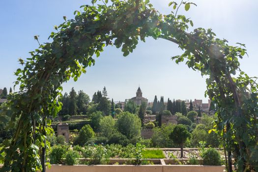 View of the bell tower of the Alhambra through the arched plant decoration from the Generalife gardens in Granada, Spain, Europe on a bright summer day