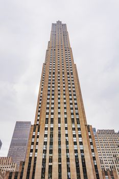 New York, USA, november 2016: bottom view of the Rockefeller Center skyscraper