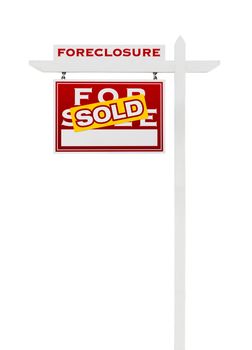 Left Facing Foreclosure Sold For Sale Real Estate Sign Isolated on White.