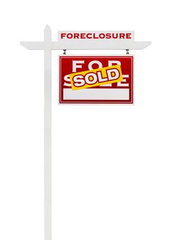 Right Facing Foreclosure Sold For Sale Real Estate Sign Isolated on White.