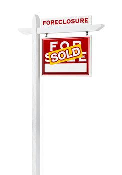 Right Facing Foreclosure Sold For Sale Real Estate Sign Isolated on White.