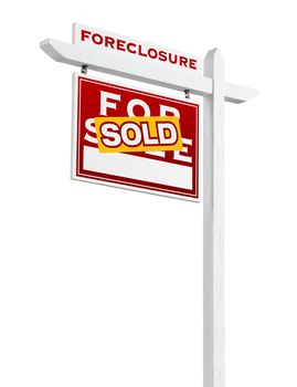 Left Facing Foreclosure Sold For Sale Real Estate Sign Isolated on White.