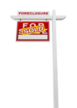 Left Facing Foreclosure Sold For Sale Real Estate Sign Isolated on White.