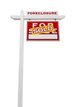 Right Facing Foreclosure Sold For Sale Real Estate Sign Isolated on White.