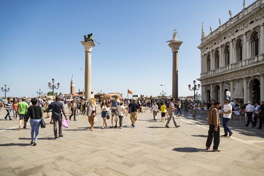 VENICE - JULY 1: San Marco square and the columns of San Marco and San Todaro on July 1, 2017 in Venice, Italy