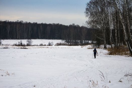 Woman cross country skiing in Russian forest. Active recreation in nature.