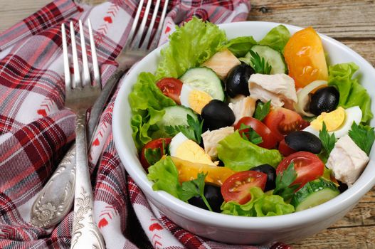 Vegetable salad with chicken and eggs, olives in lettuce leaves. Horizontal shot.