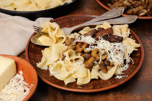 Pasta fettuccine with fried champignons, beef stroganoff, onion seasoned with cheese