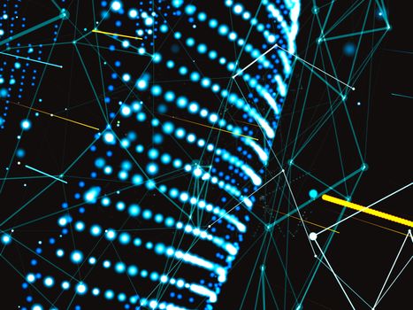 An array of points in the form of a world map are connected to the network. Social networks, payments, the Internet presented in an abstract digital form. 3d illustration