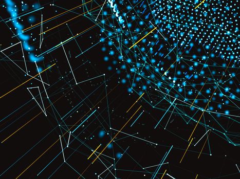 An array of points in the form of a world map are connected to the network. Social networks, payments, the Internet presented in an abstract digital form. 3d illustration