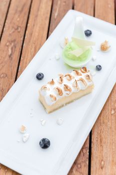 Dessert - Cheesecake with lime sherbet ice cream