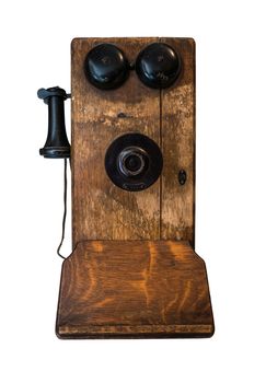 Isolated Antique Wooden Crank Telephone On White Background