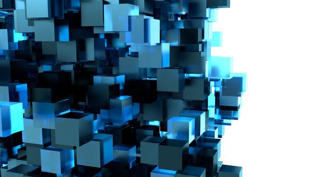 A Blue Cubes Abstract Background For Your Design. White Background And Transparent Cubes. 3D Illustration