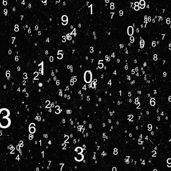 Abstract math number background. Black and white colors. Random sign flying