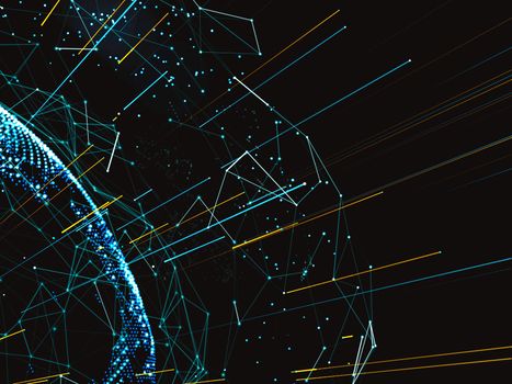 An array of points in the form of a world map are connected to the network. Social networks, payments, the Internet presented in an abstract digital form. 3d illustration