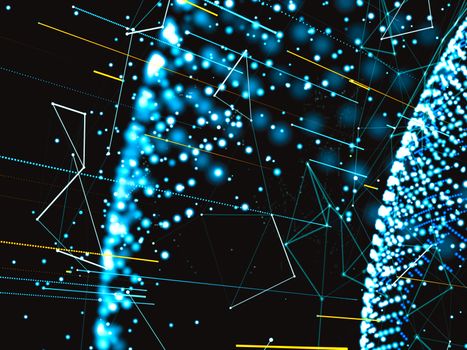 An array of points in the form of a world map are connected to the network. Social networks, payments, the Internet presented in an abstract digital form. 3d illustration