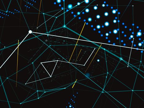 An array of points in the form of a world map are connected to the network. Social networks, payments, the Internet presented in an abstract digital form. 3d illustration