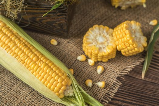 Fresh corn on cobs on rustic wooden table, top view. Dark wooden background freshly harvested organic corn.