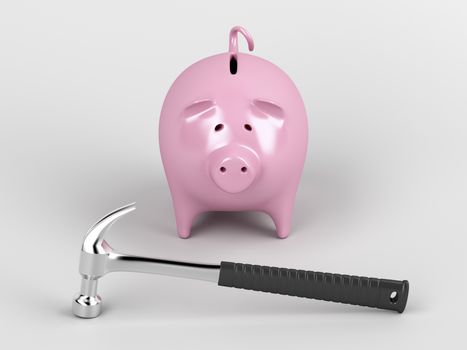 Piggy bank and hammer on gray background 