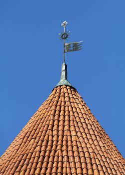 Tower roof of the medieval Trakai Castle, near Vilnius, Lithuania
