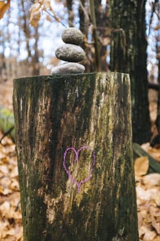 purple colored heart drawn above trunk with three stones at the top, in the woods,