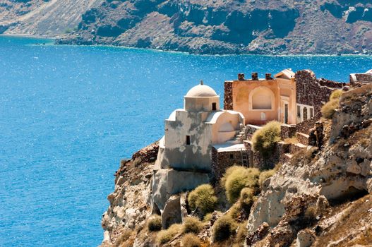 christian church on a hill in santorini island