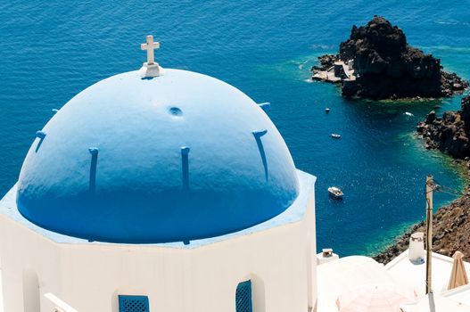 christian church dome in santorini island