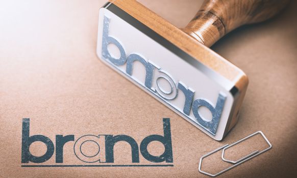 3D illustration of a rubber stamp with the word brand on a brown paper