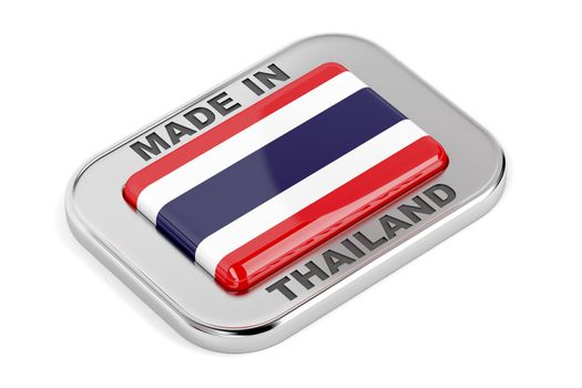 Made in Thailand, shiny silver badge on white background 