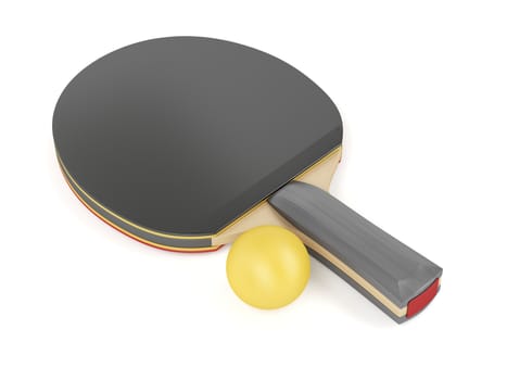 Table tennis racket and orange ball on white background