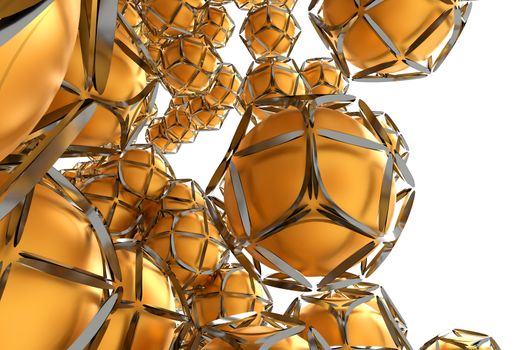 Abstract background from metal spheres in a frame shell. 3d illustration on white background. Template for your design