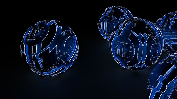 Abstract Futuristic Spheres Glowing Blue Light Lay On The Black Surface. Futuristic Background. 3D Illustrations