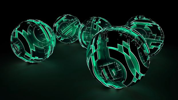 Abstract Futuristic Spheres Glowing Green Light Lay On The Black Surface. Futuristic Background. 3D Illustrations