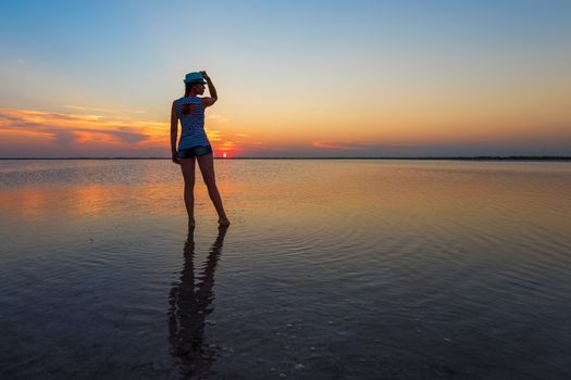 Beauty sunset on salty lake in Altay, Siberia, Russia