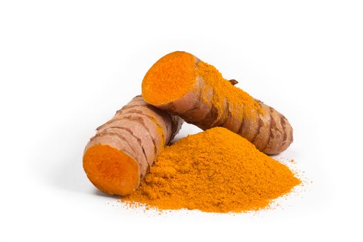 Turmeric powder with turmeric root isolated on white.