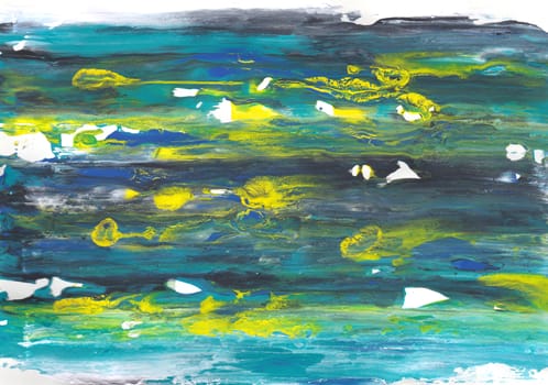 Abstract smears of paint in shades of blue with random yellow splashes