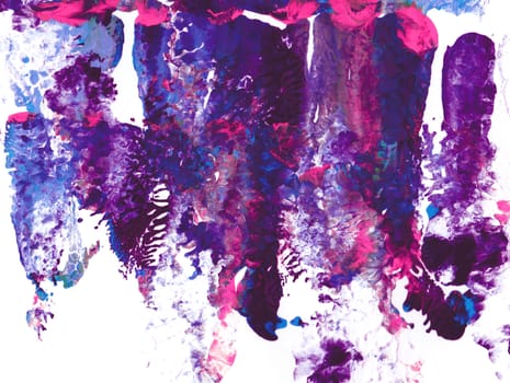 Purple and pink acrylic paint in abstract smears on white paper background