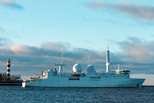 White military comander vessel sailing to Baltic sea