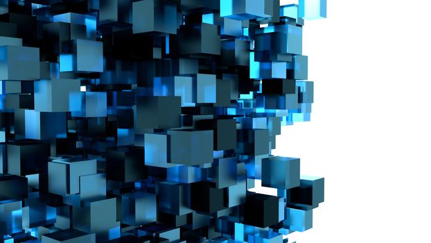 A Blue Cubes Abstract Background For Your Design. White Background And Transparent Cubes. 3D Illustration