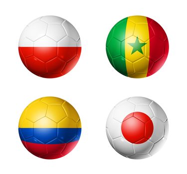 3D soccer balls with group H teams flags, Football competition Russia 2018. isolated on white