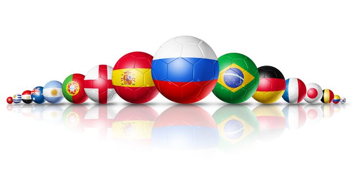 3D football soccer balls with team national flags. Russia 2018. Isolated on white