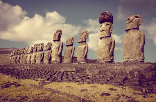 Moais statues, ahu Tongariki, easter island, Chile