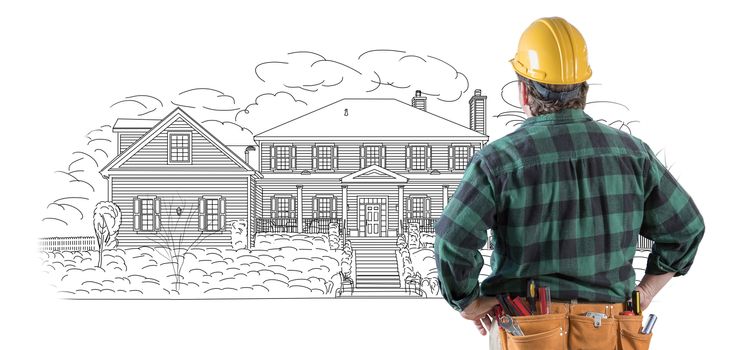 Male Contractor with Hard Hat and Tool Belt Looking At Custom House Drawing On White.