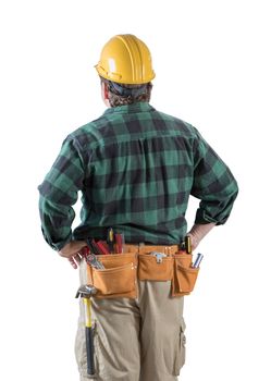 Male Contractor with Hard Hat and Tool Belt Looking Away Isolated a a White Background.