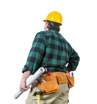 Male Contractor with Hard Hat and Tool Belt Looking Away Isolated a a White Background.